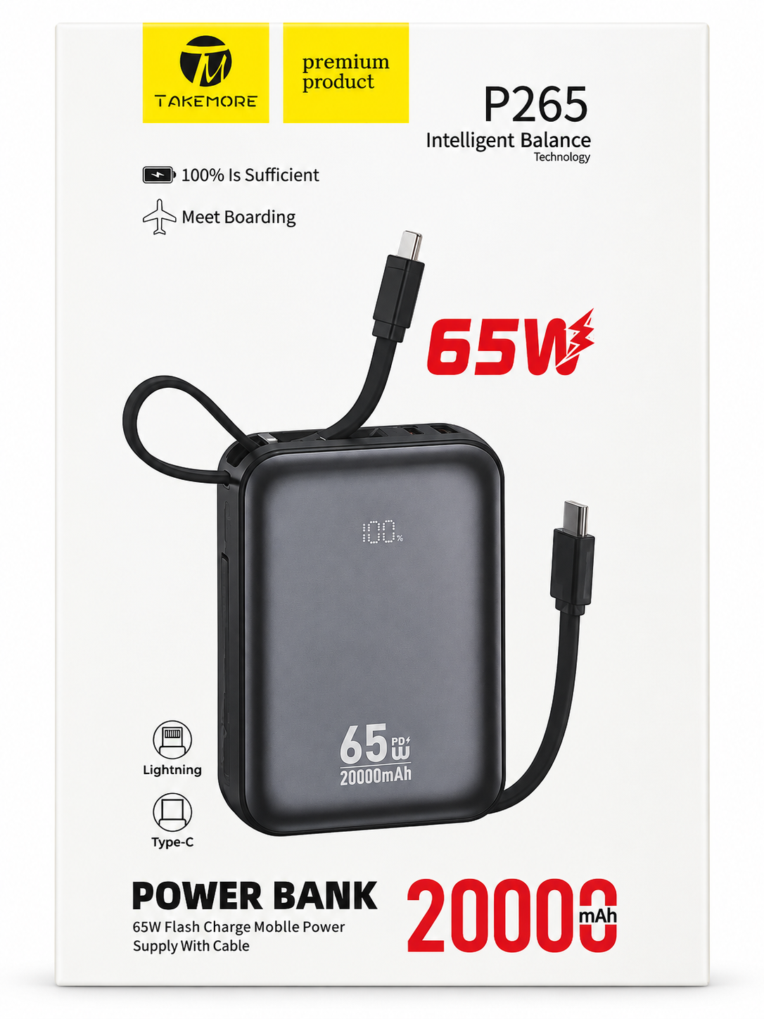 Power Bank TAKEMORE P265 20000mAh 65W PD με Ενσωματωμένα Καλώδια USB-C & Lightning και Ψηφιακή Ένδειξη