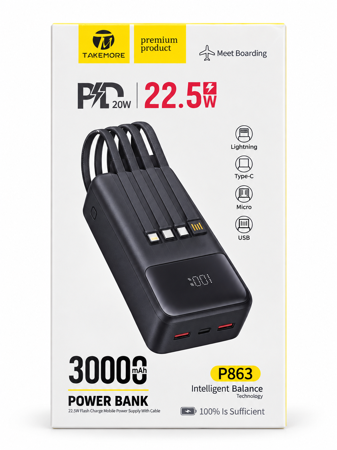 Power Bank TAKEMORE P863 30000mAh 22.5W PD 20W με Ενσωματωμένα Καλώδια Lightning, USB-C, Micro USB & USB